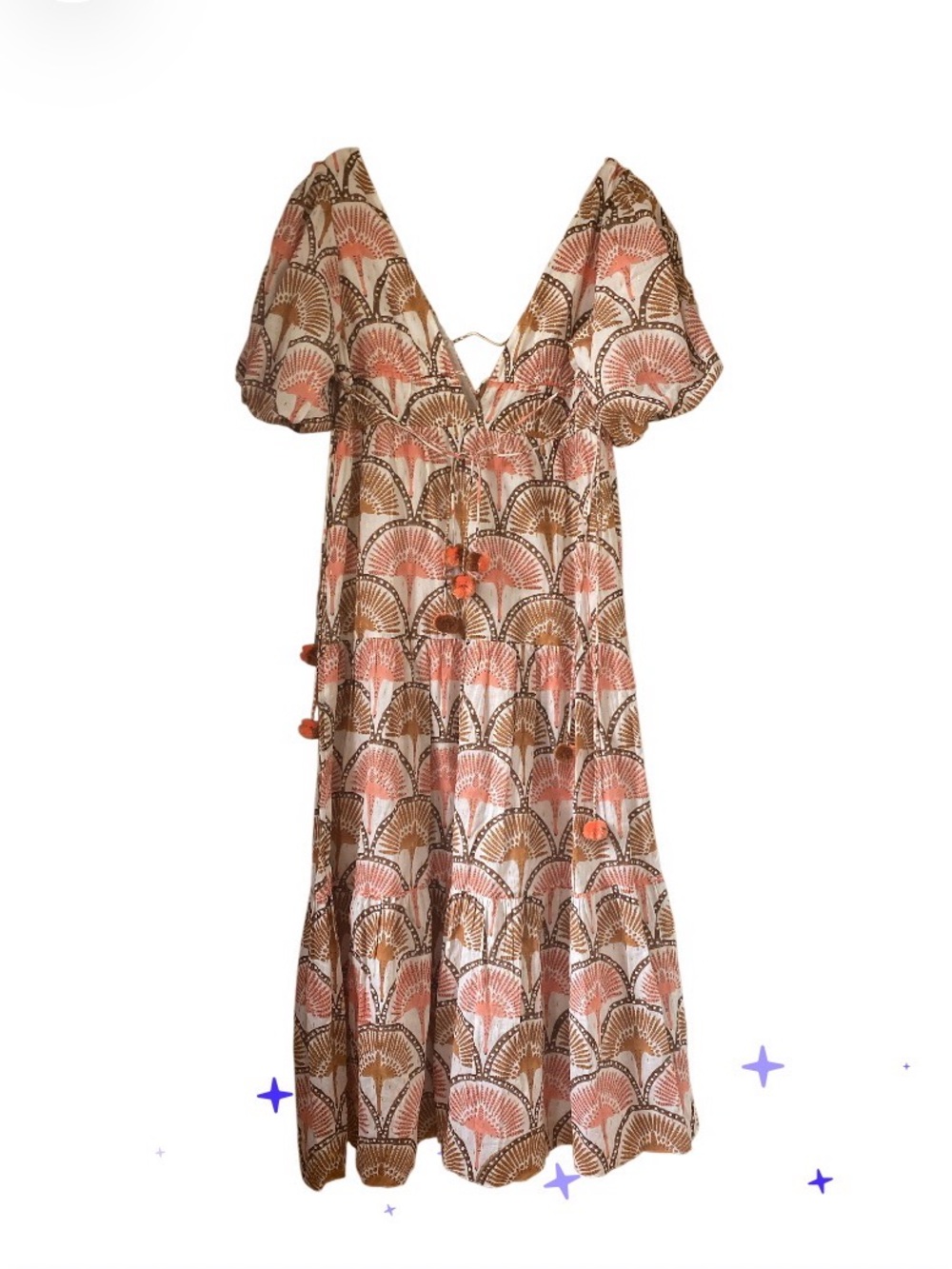 NWOT Ash & Eden marea Boho Fan-Print V-Neck Midi Dress - Coral & Brown size Xs